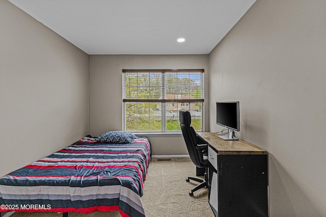 bedroom with baseboards, carpet flooring, and recessed lighting