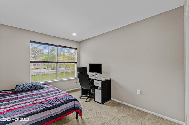 bedroom with baseboards, light carpet, and recessed lighting