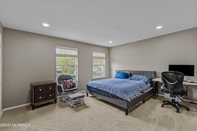 bedroom with carpet floors, recessed lighting, and baseboards