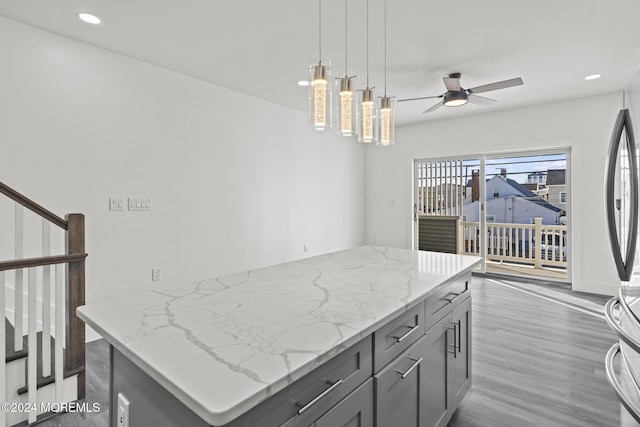 1501 Central, Seaside Heights, NJ 08751 - kitchen featuring ceiling fan, recessed lighting, gray cabinetry, light stone counters, and hanging light fixtures