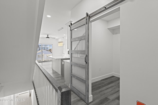 1501 Central, Seaside Heights, NJ 08751 - hallway featuring a barn door, recessed lighting, dark wood-type flooring, and baseboards