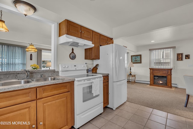 254 Butler Blvd, Bayville, NJ 08721 - kitchen featuring light tile patterned flooring, light carpet, a sink, white appliances, and under cabinet range hood