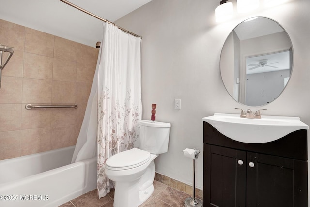 full bathroom featuring a ceiling fan, tile patterned flooring, shower / bath combo, vanity, and toilet
