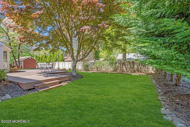 5 Beth Dr, Middletown, NJ 07748 - view of yard with a fenced backyard, a wooden deck, an outbuilding, and a storage shed