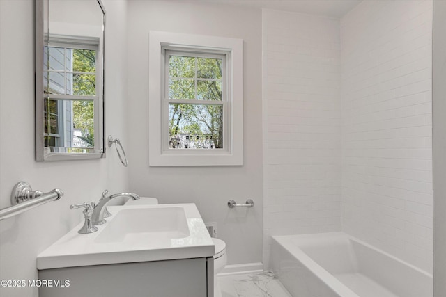 26 Rumson Pl, Little Silver, NJ 07739 - bathroom featuring vanity, toilet, marble finish floor, baseboards, and bathing tub / shower combination