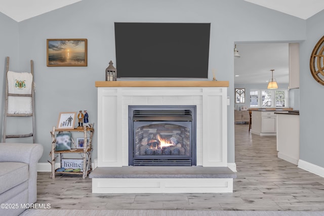 room details featuring baseboards, wood finished floors, and a lit fireplace