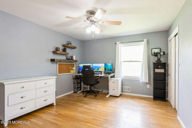 office area featuring baseboards, ceiling fan, light wood-type flooring, and visible vents