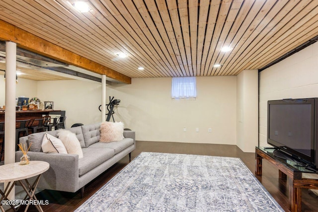 living room with recessed lighting, dark wood finished floors, and wooden ceiling