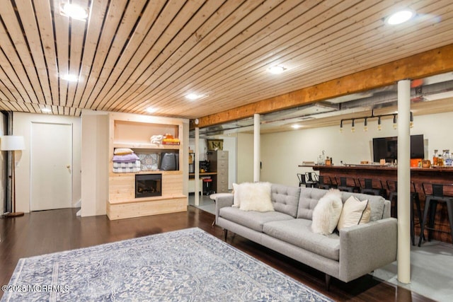 living area with recessed lighting, a dry bar, wood finished floors, and wooden ceiling