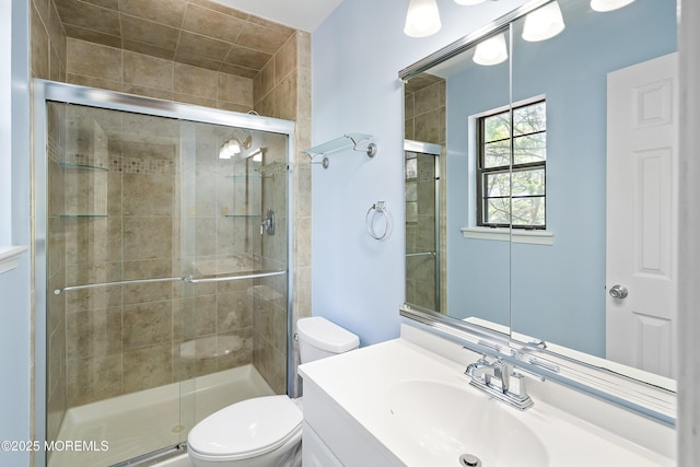 full bath with a shower stall, vanity, and toilet