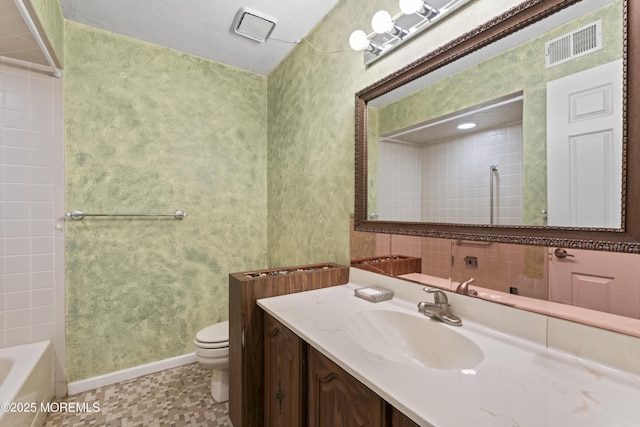 bathroom with visible vents, vanity, a shower, toilet, and a bathtub