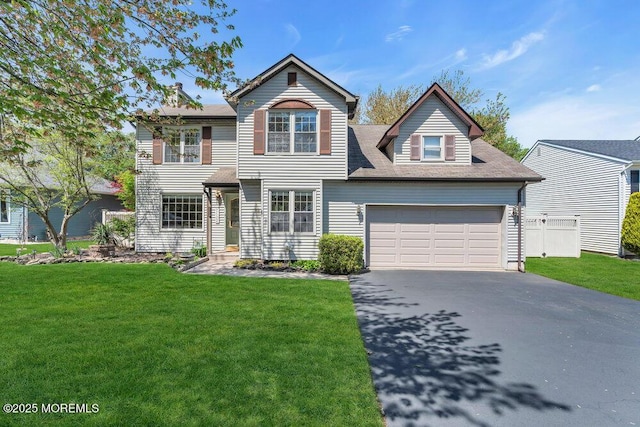 traditional-style home featuring an attached garage, fence, driveway, and a front yard