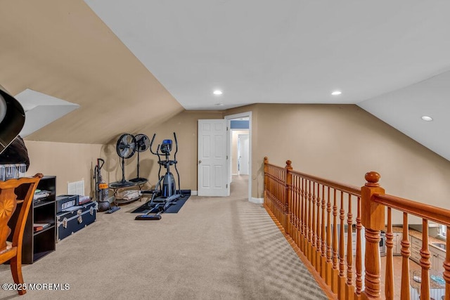 exercise room featuring recessed lighting, carpet flooring, and lofted ceiling
