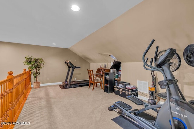 exercise area with carpet floors, recessed lighting, baseboards, lofted ceiling, and visible vents