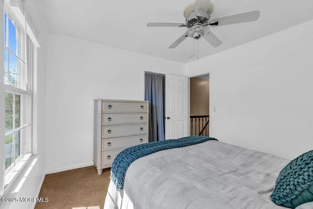 carpeted bedroom featuring a ceiling fan, baseboards, and multiple windows