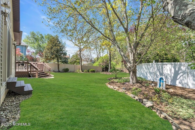 view of yard featuring a fenced backyard and a deck