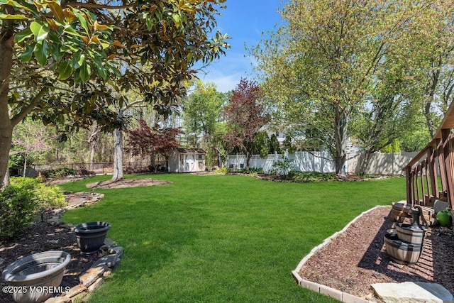 view of yard with a storage shed, an outdoor structure, and a fenced backyard