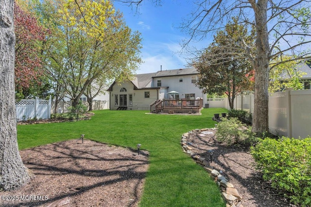 view of yard with a deck and a fenced backyard
