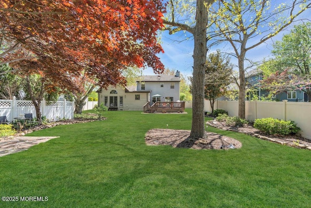 view of yard with a fenced backyard and a deck