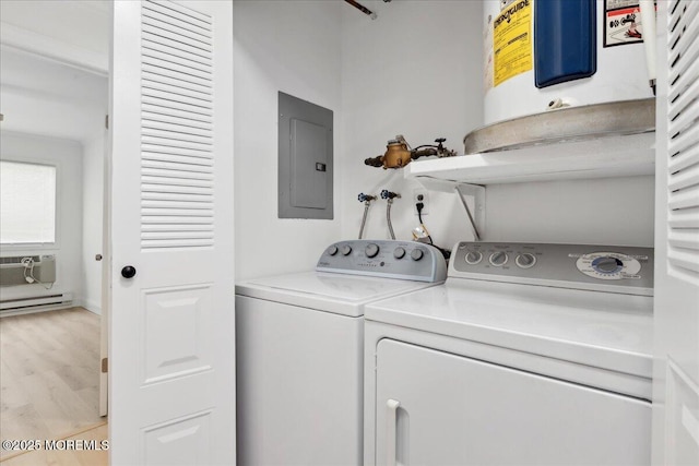 87 Arrowood Rd Unit D, Manalapan, NJ 07726 - clothes washing area featuring independent washer and dryer, laundry area, light wood-style flooring, a baseboard heating unit, and electric panel