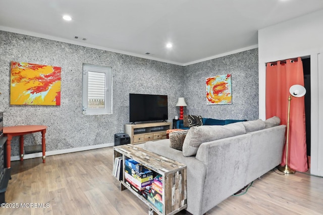 103 Carr Ave, Keansburg, NJ 07734 - living room featuring wood finished floors, ornamental molding, recessed lighting, and baseboards