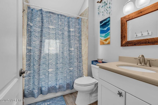 full bath with vanity, wood finished floors, shower / bath combination with curtain, and toilet