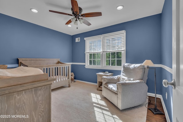 63 Carriage Hill Dr, Colts Neck, NJ 07722 - bedroom with visible vents, baseboards, ceiling fan, recessed lighting, and a crib