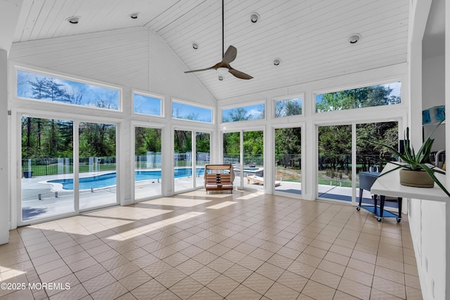 63 Carriage Hill Dr, Colts Neck, NJ 07722 - unfurnished sunroom with high vaulted ceiling, wooden ceiling, and tile patterned floors