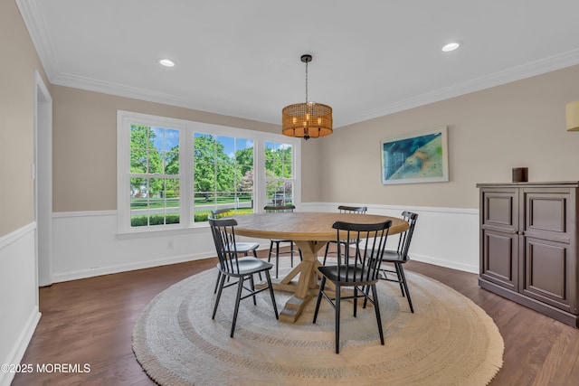 63 Carriage Hill Dr, Colts Neck, NJ 07722 - dining area with crown molding, dark wood-style flooring, an inviting chandelier, recessed lighting, and baseboards
