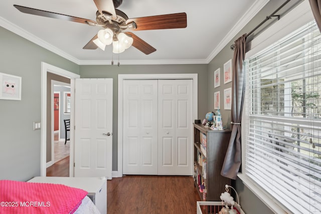 bedroom featuring a closet, ornamental molding, dark wood finished floors, and ceiling fan