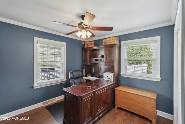 office featuring visible vents, ornamental molding, baseboards, and ceiling fan