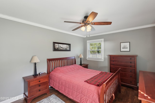 bedroom with crown molding, ceiling fan, and wood finished floors