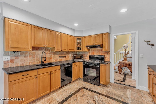 1 Flintlock Rd, Freehold, NJ 07728 - kitchen with backsplash, a sink, black appliances, glass insert cabinets, and recessed lighting