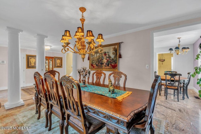 1 Flintlock Rd, Freehold, NJ 07728 - dining area featuring ornamental molding, ornate columns, and a notable chandelier