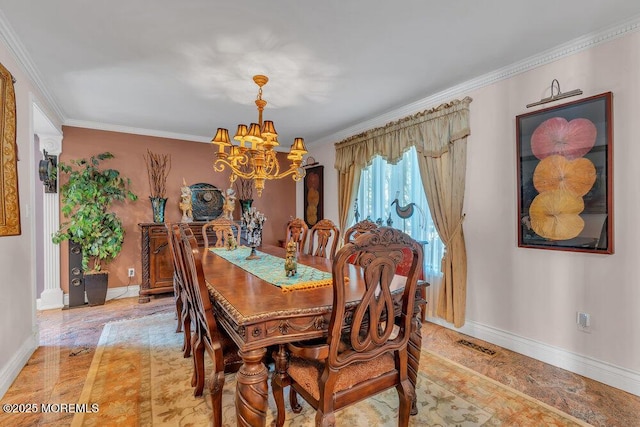 1 Flintlock Rd, Freehold, NJ 07728 - dining room featuring baseboards, a chandelier, ornamental molding, and light wood finished floors