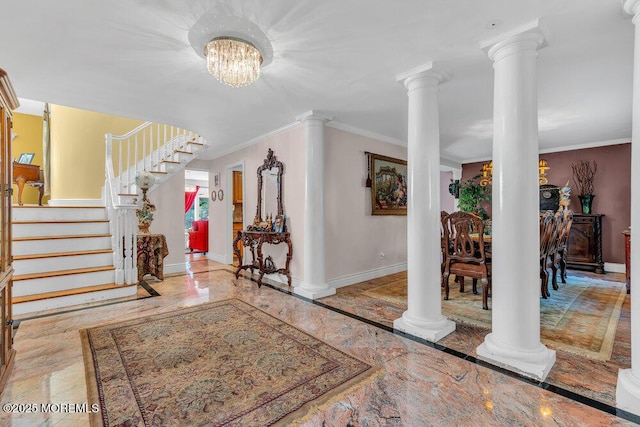 1 Flintlock Rd, Freehold, NJ 07728 - entryway featuring stairs, baseboards, decorative columns, and marble finish floor