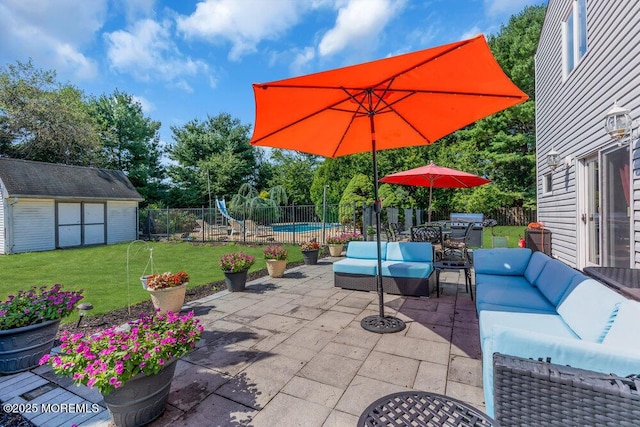 1 Flintlock Rd, Freehold, NJ 07728 - view of patio / terrace featuring an outdoor living space, fence, an outbuilding, and a fenced in pool