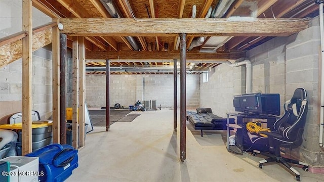 unfinished below grade area featuring concrete block wall