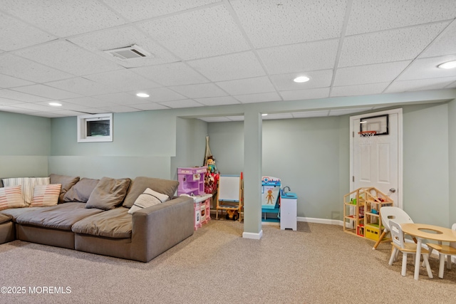 playroom featuring carpet, visible vents, recessed lighting, a paneled ceiling, and baseboards