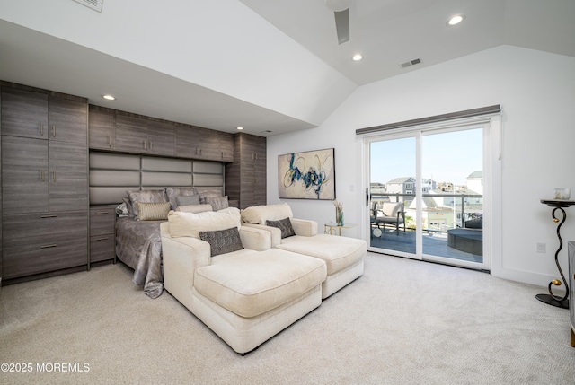 bedroom with visible vents, light colored carpet, access to exterior, lofted ceiling, and recessed lighting