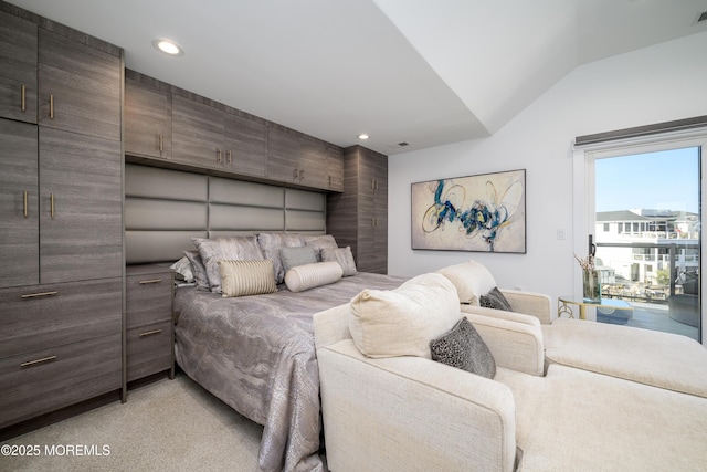 bedroom featuring lofted ceiling, recessed lighting, and visible vents