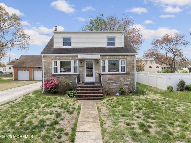 view of front of house featuring a front yard, fence, a chimney, and stone siding