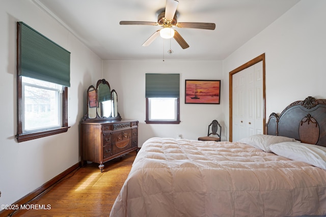 bedroom with baseboards, multiple windows, a closet, and wood finished floors