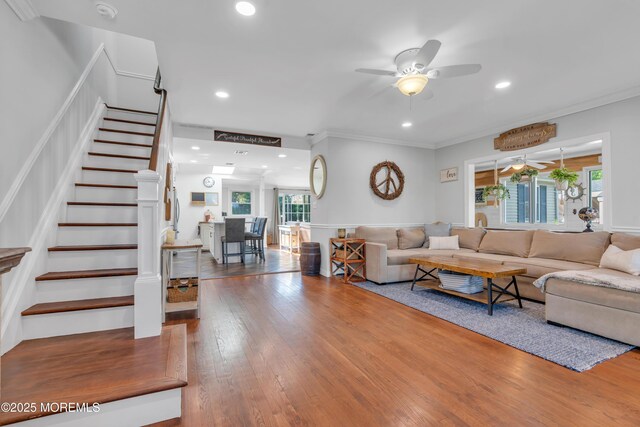 living room with recessed lighting, stairs, ceiling fan, and wood finished floors