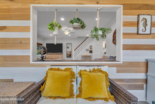 interior details featuring recessed lighting, ornamental molding, and ceiling fan