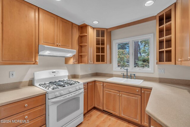 188 Five Points Rd, Colts Neck, NJ 07722 - kitchen featuring white range with gas stovetop, under cabinet range hood, recessed lighting, and a sink