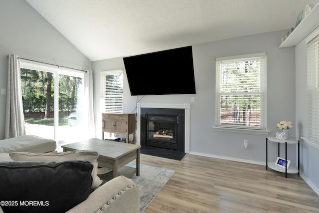 living area with light wood-type flooring, a fireplace with flush hearth, a healthy amount of sunlight, and vaulted ceiling