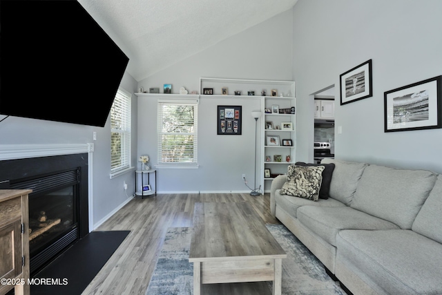 living area with a glass covered fireplace, high vaulted ceiling, baseboards, and wood finished floors