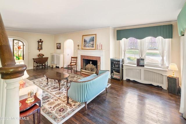 living area featuring arched walkways, plenty of natural light, wood finished floors, and radiator