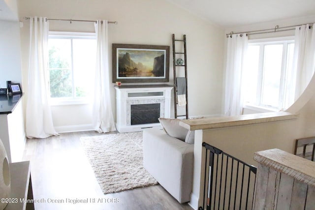 23 Layton Ave, Pine Beach, NJ 08741 - living area with wood finished floors, a premium fireplace, lofted ceiling, and baseboards